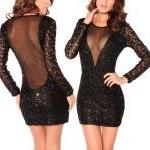 Polyurethane Transparent Sequins Sexy Long-sleeved Dress