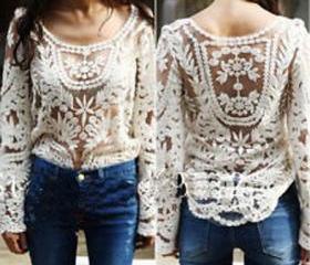 Embroidered Beige Lace Sheer Top