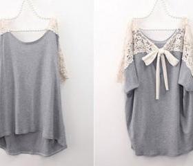 Cute Lace Back Short Sleeve Grey Loose T-shirt