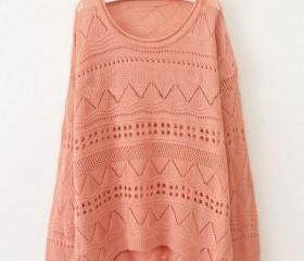 Pink Curved Hum Knit Holey Texture Sweater