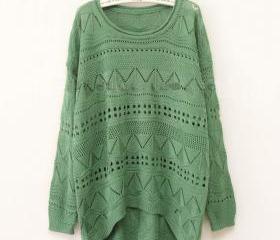 Green Curved Hum Knit Holey Texture Sweater