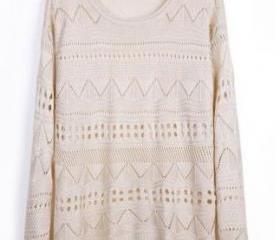 Beige Curved Hum Knit Holey Texture Sweater