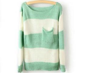 Green White Striped Long Sleeve Sweater
