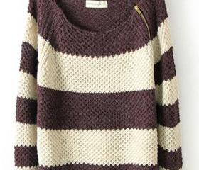Shoulder Zip Classic Color Matching Striped Long Sleeve Sweater