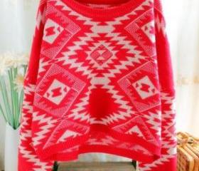 Red Retro Pullovers Bat Sleeve Sweater