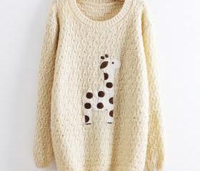Beige Super Adorable Cartoon Giraffe Loose Pullover Sweater