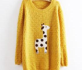 Yellow Super Adorable Cartoon Giraffe Loose Pullover Sweater