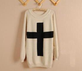 Beige Cross Long Sleeve Sweater