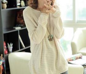 Beige Loose Bat Hollow Sweater