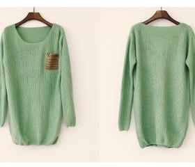Light Green Patchwork Leather Alphabet Pocket Sweater