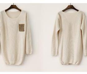 Beige Patchwork Leather Alphabet Pocket Sweater