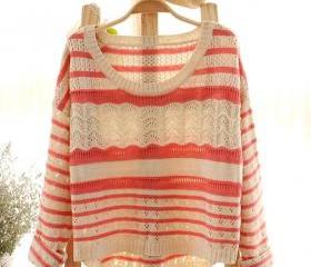 Pink Loose Hollow Stripe Sweater