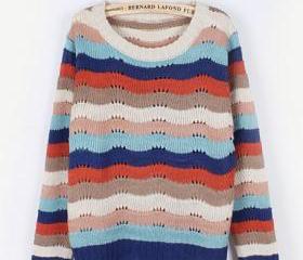 Colorful Wave Stripe Round Neck Long Sleeve Pullover Sweater