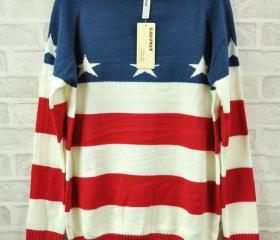 Retro Star Flag Red White Blue Striped Sweater