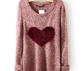 Wine Red Love Heart Long Sleeve Sweater