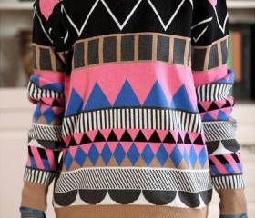 Ancient Folk Style Colorful Pop Rhombic Geometry Loose Sweater